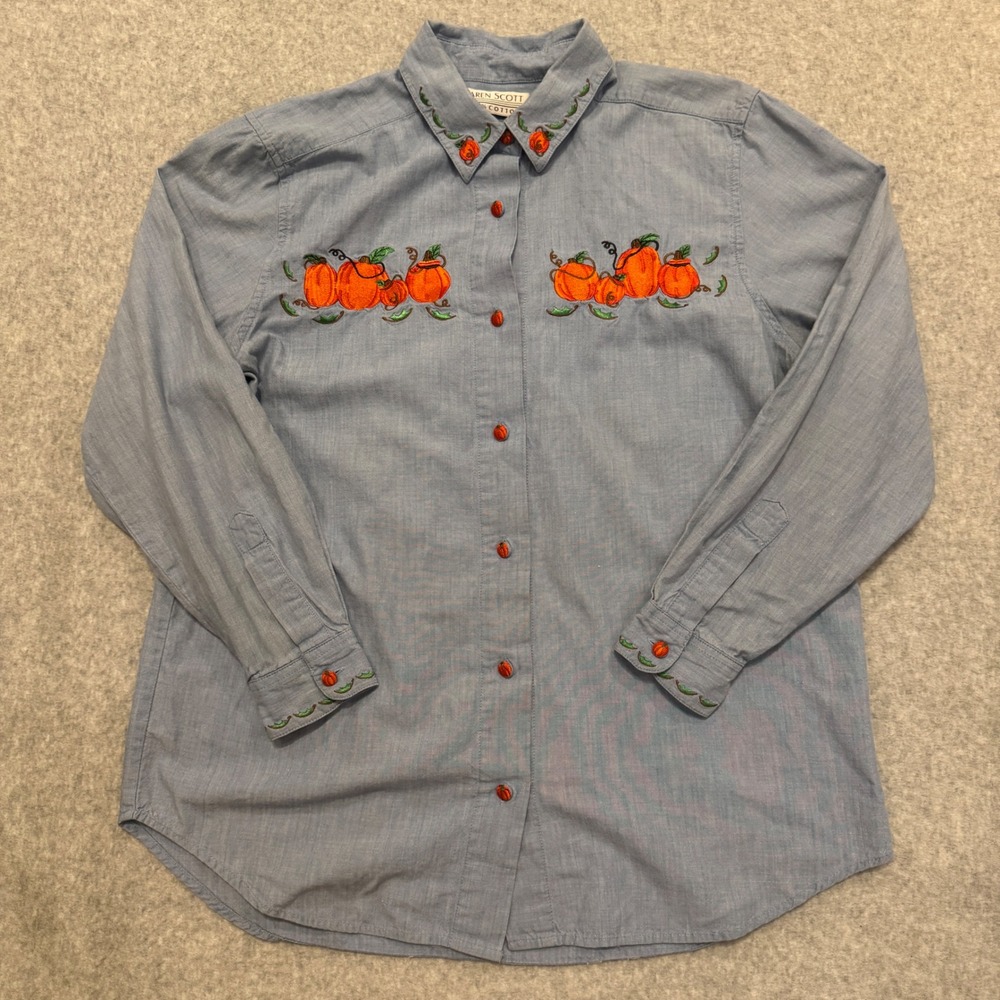 Karen Scott Womens Blue Cotton Pumpkin Embroidered Button Down Shirt Medium